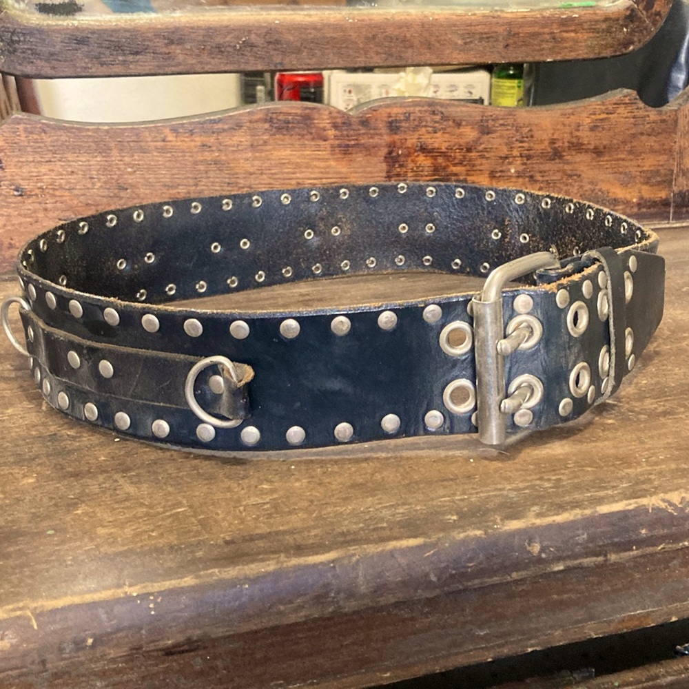 Vintage Genuine Leather Rivet and D-ring Belt Goth Punk Heavy Metal Bondage 80s